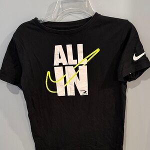 Nike Black Tee with White ALL IN Graphic and Neon Yellow Swoosh Boys L